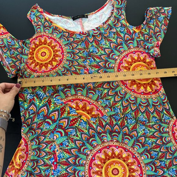 Boho Mandala Cold Shoulder Dress (M) – Colorful Rayon Blend Swing Style - Picture 5 of 8